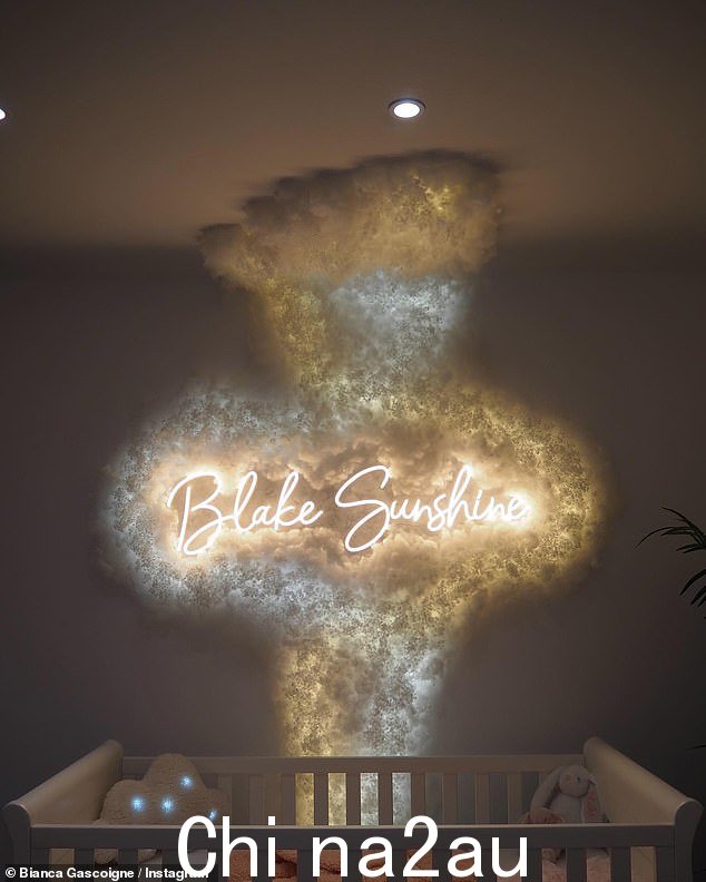 Blake Sunshine:快照显示 Bianca 和她的搭档 Aaron Wright 已经有了他们的女儿Blake 婴儿床上方她的育儿室墙上的灯光照亮了孩子的名字
