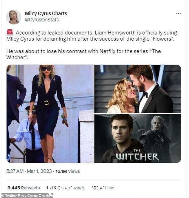本周,在 Miley 的一个粉丝帐户(如图)指控这位 33 岁的澳大利亚演员起诉这位 30 岁的歌手,因为她的轰动一时的唱片歌曲 Flowers 后,虚假声明在 Twitter 上流传开来。该推文错误地声称海姆斯沃斯“即将失去与 Netflix 的合同”——在《巫师》第三季取代亨利·卡维尔之后——由于负面新闻