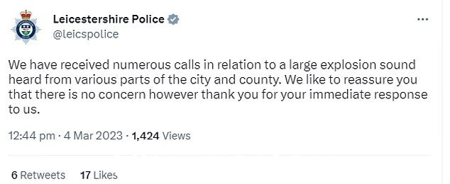 莱斯特郡警方说:'我们接到了很多电话,称从城市和县的各个地方都听到了巨大的爆炸声'