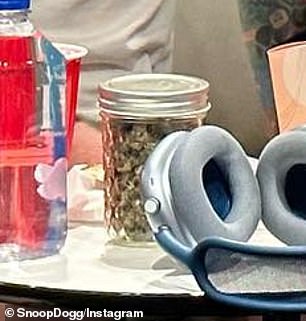 Snoop,我们是谁ll 以他对大麻的热爱而闻名,被拍到坐在两个男人中间,他面前的桌子上放着一罐可疑的绿色药草