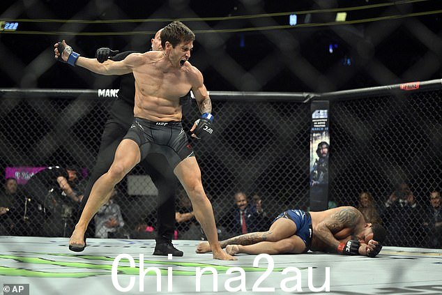 战斗:Jake 在击倒他的对手,46 岁的综合格斗家 Jay Hieron 后被裁判阻止