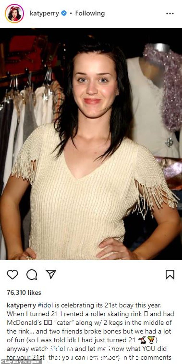 回溯：38 岁的凯蒂·佩里 (Katy Perry) 在 Instagram 上分享了一张自己回溯的照片，当时她在 2002 年 6 月真人秀歌唱比赛即将迎来首播 21 周年之际为美国偶像大喊大叫