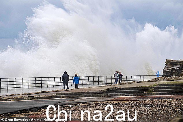 TYNE AND WEAR:当他们在 Whitley Bay 的 Lower South Promenade 上躲避 20 英尺高的海浪时,Daredevils 对今天的冰冷温度毫不在意