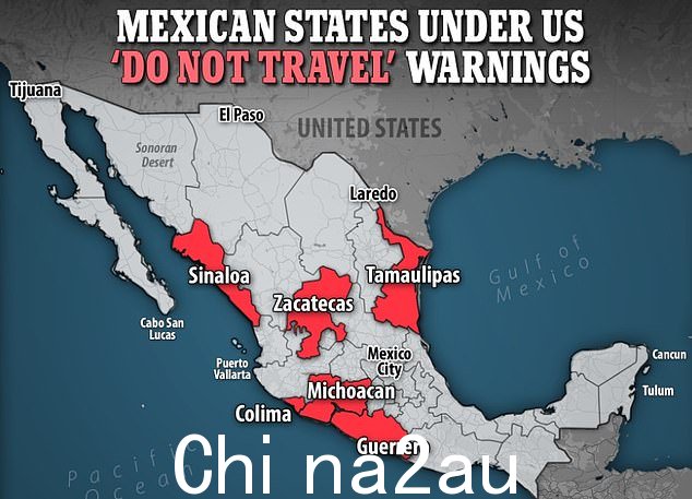 一张地图,突出显示了美国国务院目前将其列为最严厉的“禁止旅行”类别的 32 个墨西哥州中的 6 个州,因为当地卡特尔可能会抢劫和/或绑架美国游客