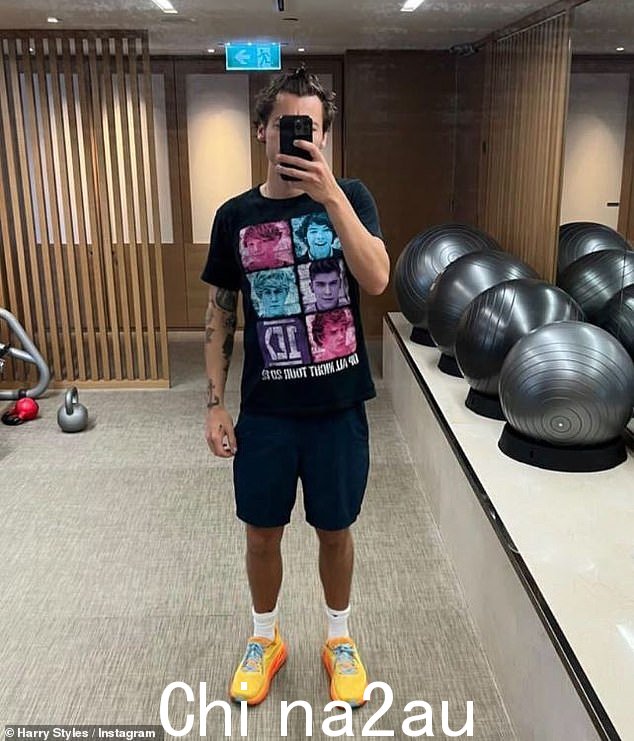 倒退:他的乐队成员 Harry Styles,29 岁,在工作时穿着 One Direction T 恤在 Instagram 上分享了一张自拍照,粉丝们为此疯狂了out in the gym