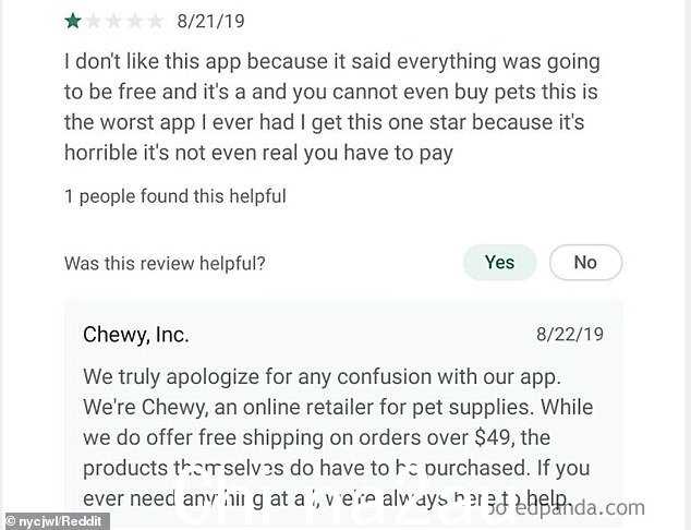 一位来自美国的顾客在期望在线宠物用品零售商提供免费产品后留下了差评