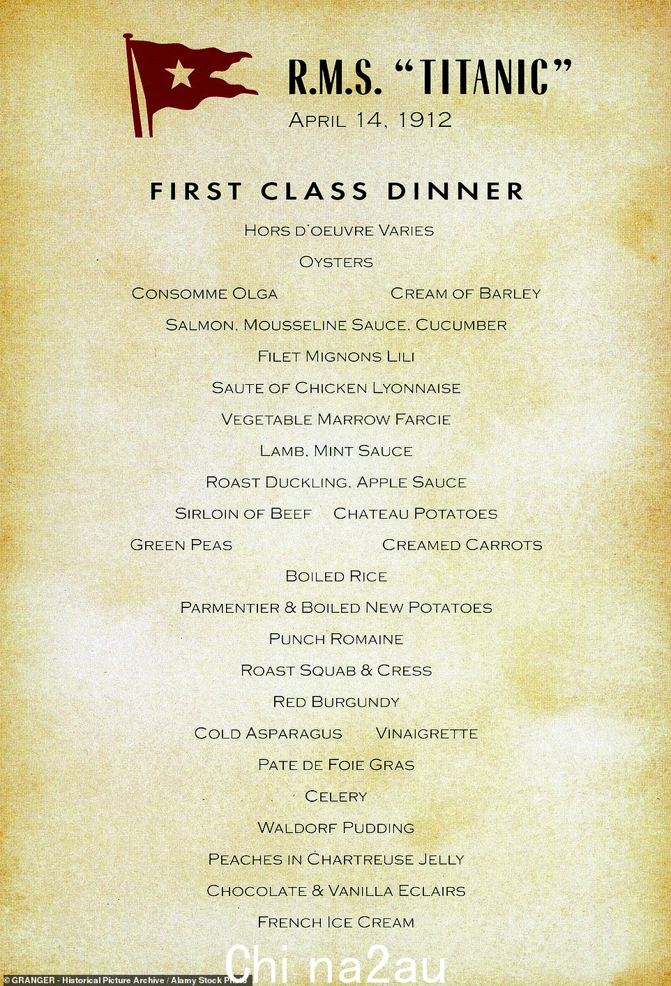 FIRST-CLASS MENU: 头等舱乘客每餐都有单独的菜单,具有明显的法式风味和丰富的选择