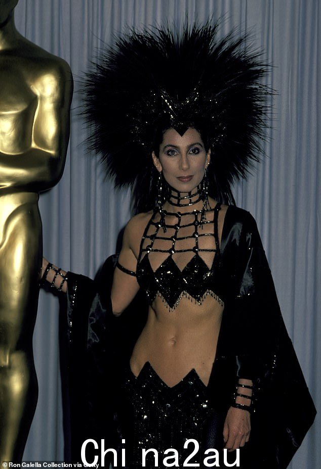 1986 年,歌手雪儿 (Cher) 身着露肚皮的轻薄亮片套装出席活动,并配以巨大的羽毛头饰