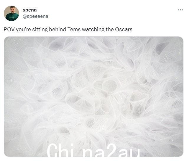 'POV:你正坐在 Tems 后面观看奥斯卡颁奖典礼,'其他人在推特上写道,并附有一张白色织物的图片