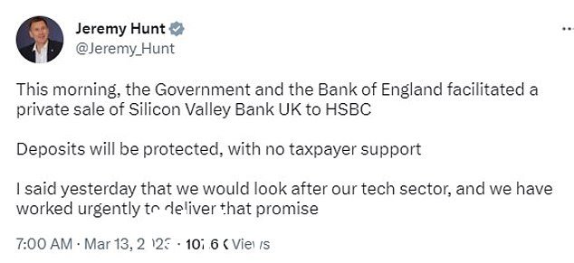 Jeremy Hunt 今天早上在市场开盘前宣布出售 SVB 子公司
