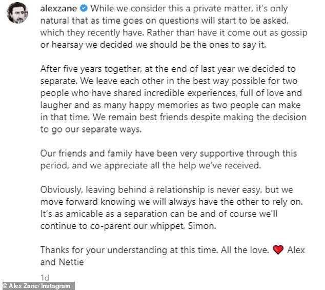 Split:Alex 在 Instagram 上宣布他与 Nettie 分手:“去年年底我们决定分手,”他确认 Alex