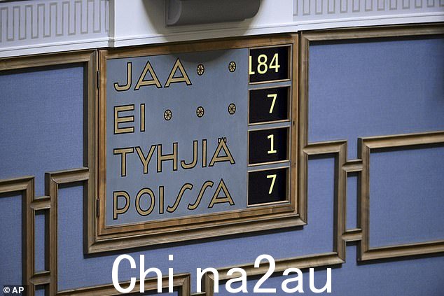 北约投票结果(184 票赞成北约,7 票反对)在全体会议上被描绘出来,芬兰议会在芬兰赫尔辛基投票决定芬兰加入北约land, Wednesday March 1, 2023