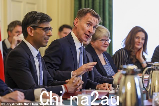 财政大臣杰里米·亨特(中间;总理 Rishi Sunak 离开;环境大臣 Therese Coffey 在他的右边)今天将宣布他的第一个春季预算的细节