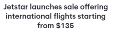 捷星航空大促，今天开始抢票！热门国际航线低至 135 美元起（图）