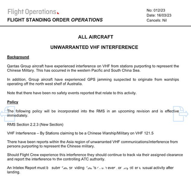 澳洲航空警告其飞行员注意来自自称中国军人的无线电干扰,以及来自中国军舰的 GPS 干扰