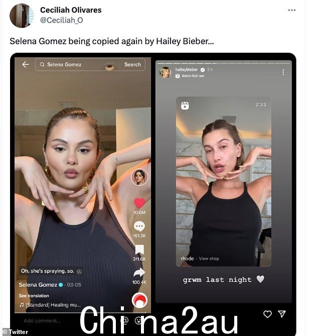 讨厌:粉丝声称比伯多次复制戈麦斯分享的 TikTok 和 Instagram 帖子,试图嘲笑她