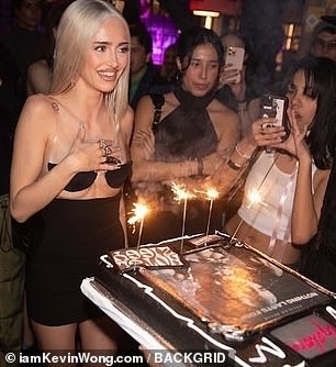 甜蜜款待:Delilah 和她的客人享用了晚餐和鸡尾酒,然后观看了她的新音乐视频,并以一个巨大的蛋糕结束了庆祝活动,蛋糕上装饰着她令人惊叹的单曲专辑封面