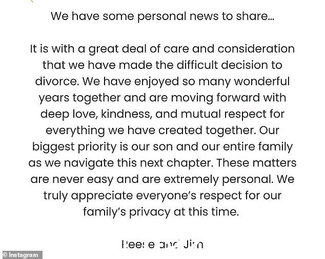 悲伤的消息:Reese 和 Jim 周五宣布分手,就在他们结婚 12 周年纪念日的前两天