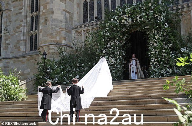 布莱恩和约翰担任侍童,为梅根披上令人惊叹的面纱5 月 19 日,当她进入温莎的圣乔治教堂时