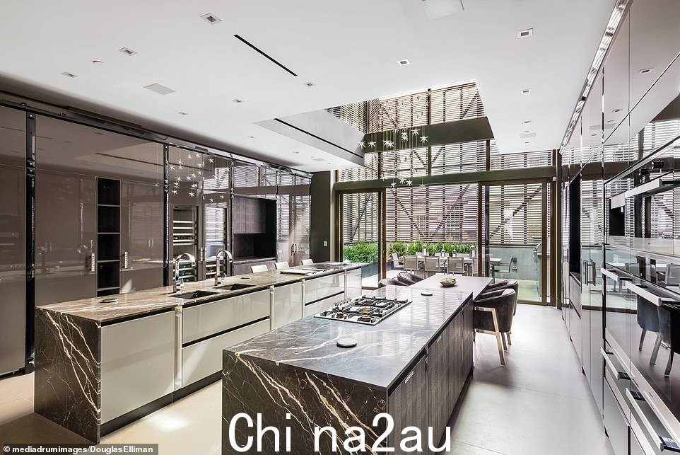 厨房里还有一套高端品牌 Miele 和 Gaggenau 的全集成电器,包括双壁挂式烤箱和两个冰箱