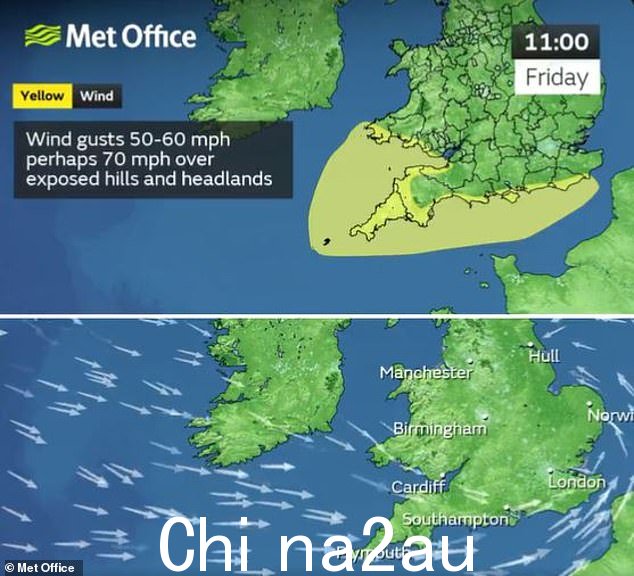 英国气象局地图显示周四和周五南海岸的大风将达到 50-60 英里/小时,峰值超过 70 英里/小时