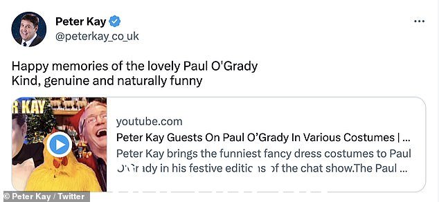 消息:'可爱的 Paul O'Grady 的快乐回忆,真实而自然有趣,' Peter 写道