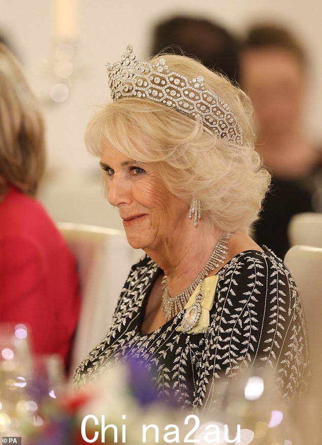 Queen Consort Camilla 戴着曾经属于王太后的 Grenville Tiara,看上去光彩夺目