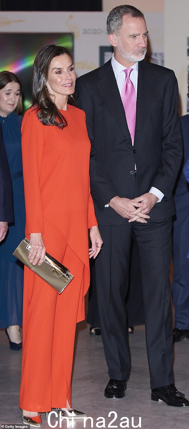 Letizia 用银色细高跟鞋和配套的闪亮手拿包为她的整体增添了点睛之笔