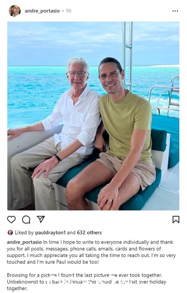 最后一张照片:Paul O'Grady 悲痛的丈夫 Andre Portasio 在明星去世后感谢粉丝和亲人本周的大力支持