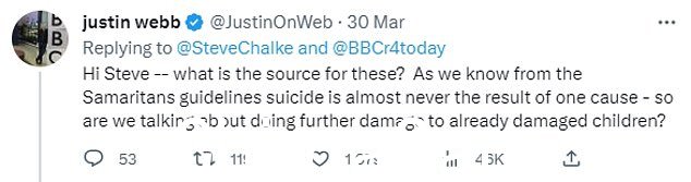周四,Webb 先生回复了 Chalke 先生的推文:“这些的来源是什么?正如我们从 Samaritans 指南中了解到的那样,自杀几乎从来都不是一个原因的结果”,所以我们是否在谈论对已经受损的人造成进一步的损害children?¿
