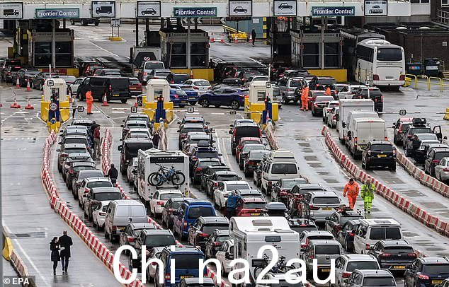 多佛港表示,由于恶劣的天气和法国边境处理的延误造成的积压,它“深感沮丧”。图为:星期六在多佛排队等待边境管制的车辆