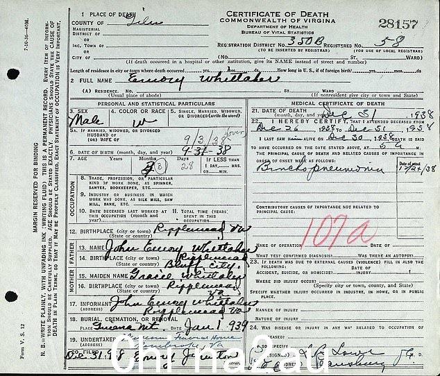 这对夫妇在 1938 年生了一个男婴 Emery Lee Whittaker,他在一个月后死于肺炎