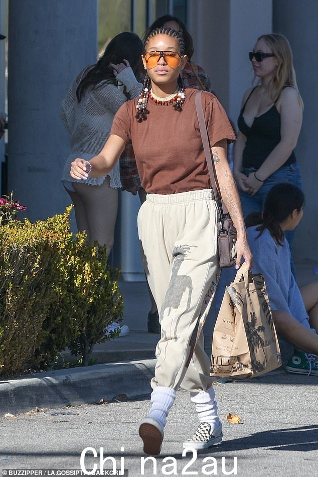 跑腿:Willow Smith 在加利福尼亚州卡拉巴萨斯的 Erewhon 市场购物时穿着棕色 T 恤和抽绳运动裤,看起来毫不费力地很酷