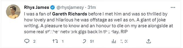 Mock the Week regular Rhys James,31 岁,称他的朋友为‘写笑话的巨人’