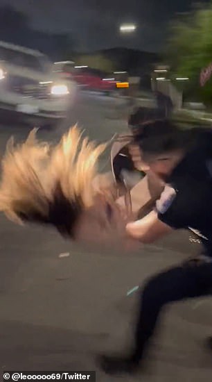 看到几个女孩扯着头发互相摔跤