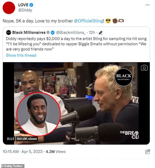 病毒式传播:这条推文在 Diddy 分享了 Black Millionaires 的帖子后迅速传播开来,该帖子分享了 2018 年 Sting 采访的片段,当时他声称自己每天从版税中赚取约 2,000 美元on Missing You