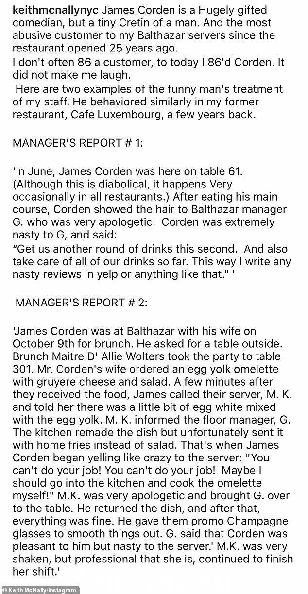 帖子:Corden 在煎蛋卷事件后暂时被禁止进入纽约市餐厅 Balthazar