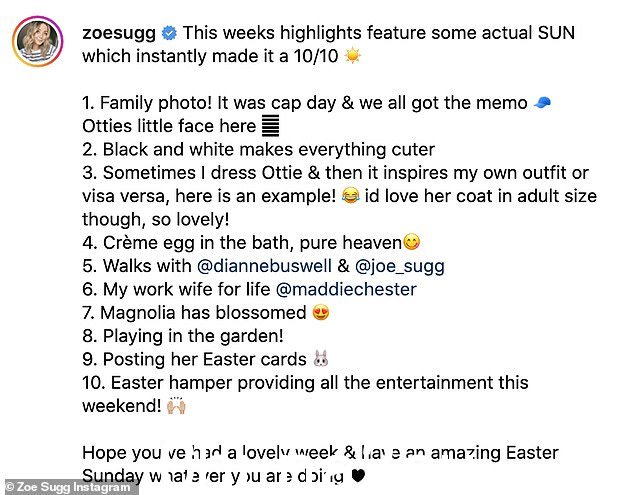 更新:在 Zoe 的帖子旁边写道:'这周的亮点是一些实际的 SUN,它立即使它成为 10/10'