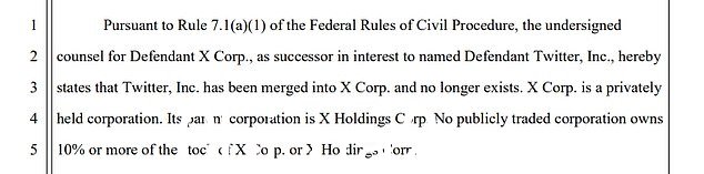 'Twitter, Inc. 已并入 X Corp.,不再存在,'加利福尼亚州联邦法院 4 月 4 日提交的文件
