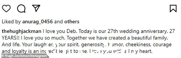 澳大利亚银狐滔滔不绝地说:'我爱你 Deb。今天是我们的 27 周年结婚纪念日。27 年!我非常爱你。我们一起创造了一个美好的家庭。而且生活。你的笑声,你的精神,慷慨,幽默,厚脸皮,勇气和忠诚是给我的不可思议的礼物。我全心全意地爱你'