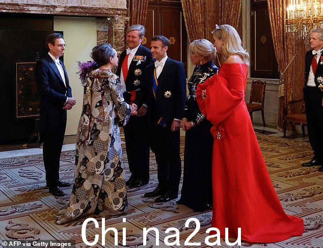 今天早些时候,Maxima 在宴会上与 Brigitte 握手时笑容满面,然后大家并排站在一起观看仪仗队