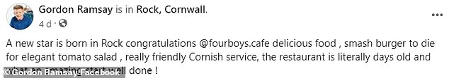 高度赞扬:他在Facebook上写道:'一颗新星诞生于Rock congratulations @fourboys.cafe'