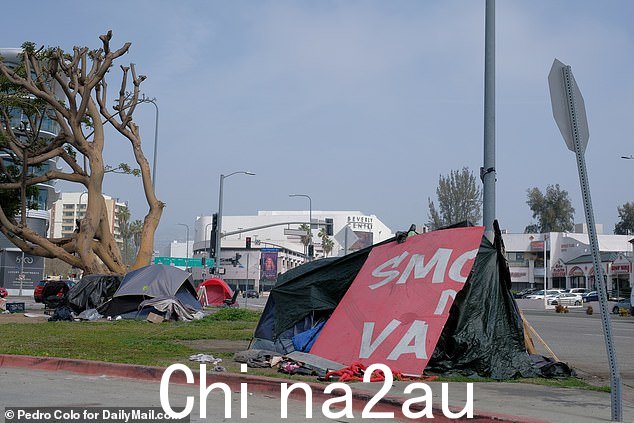 比佛利山庄市经理 Nancy Hunt-Coffey 表示,该地区的无家可归者人数正在增加。图为:附近 Beverly Grove 的帐篷