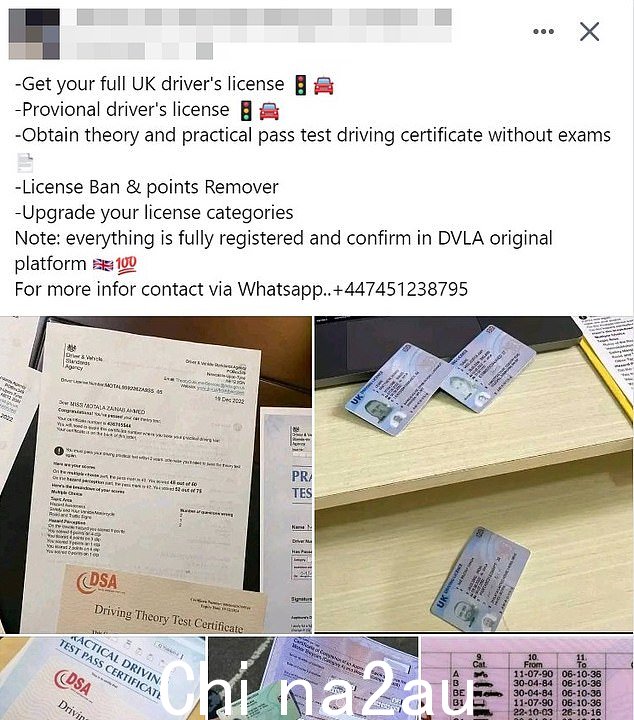 MailOnline 发现多个社交媒体帖子(如图)向抵达英国的乌克兰人提供伪造文件,包括驾驶执照和伪造的 DVLA 考试证书