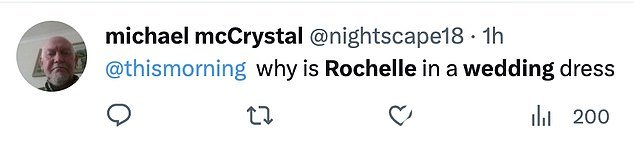 在 Twitter 上,观众分享了他们的反应,并写道:'为什么 Rochelle 穿着婚纱'