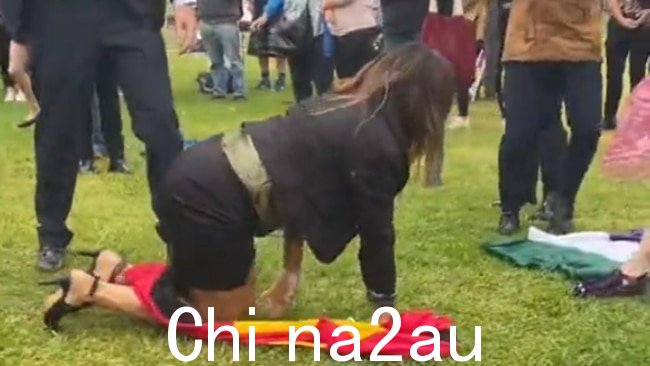 本月早些时候,她在一个地方与警察发生冲突在堪培拉的支持妇女集会上,她背着土著旗帜爬过潮湿的草地。图片:Twitter/@sbasfordcanales