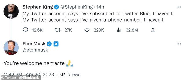King 发推文:'我的 Twitter 帐户说我已经订阅了 Twitter Blue。我没有。我的 Twitter 帐户说我已经提供了一个电话号码。我没有。 '马斯克很快回应“不客气,合十礼”,暗示 Twitter Blue 订阅显然是个人礼物