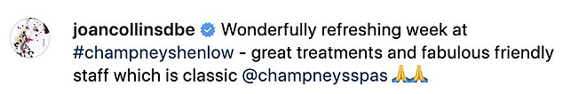 Joan 写下了这次经历:'在#champneyshenlow 度过了令人耳目一新的一周 - 很棒的治疗和非常友好的员工,这是经典的@champneysspas。'