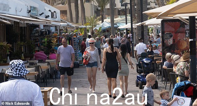 MailOnline 调查西班牙岛上的信用卡欺诈时,特内里费岛的 Playa de Las Americas 全景图。该骗局通常通过在笔记本电脑、iPad、手机或类似设备上为假期最后一天的英国人提供超值优惠来运作