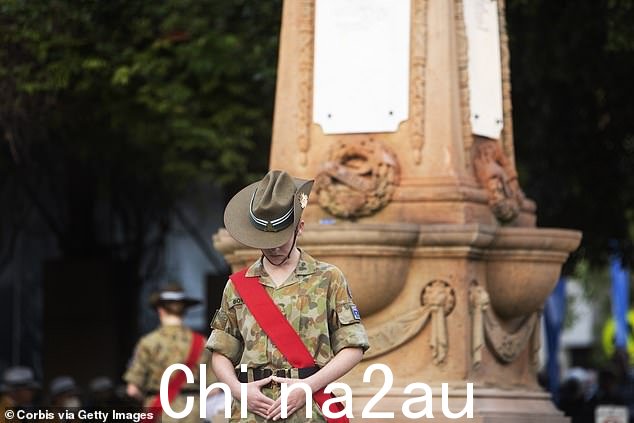 图:2022 年 4 月,一名男孩在悉尼巴尔曼黎明仪式上向澳大利亚阵亡士兵致敬